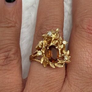 Vintage Floral Smoky Topaz Rhinestone Ring Gold Tone 18K HGE